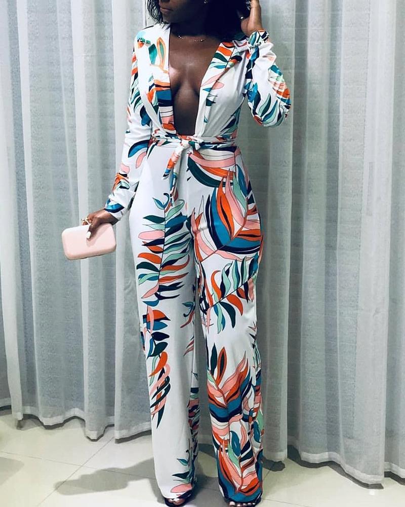 

Leaf Print Long Sleeve Plunge Jumpsuit, White