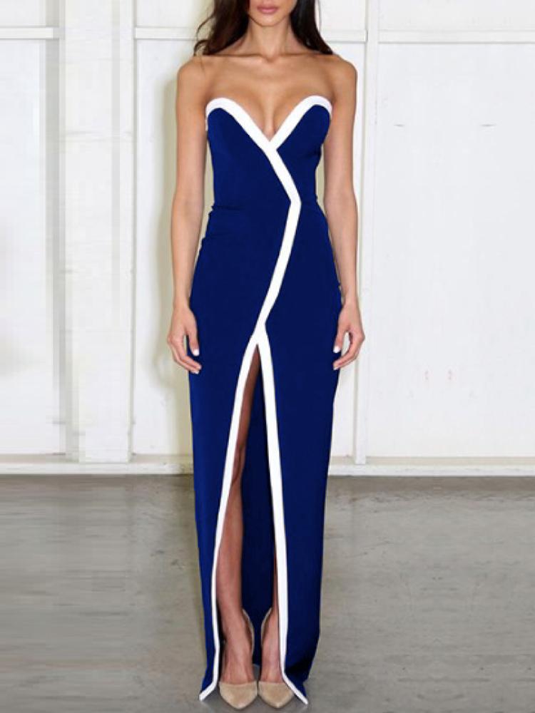 

Contrast Color Sweetheart Neck Split Bodycon Dress, Blue