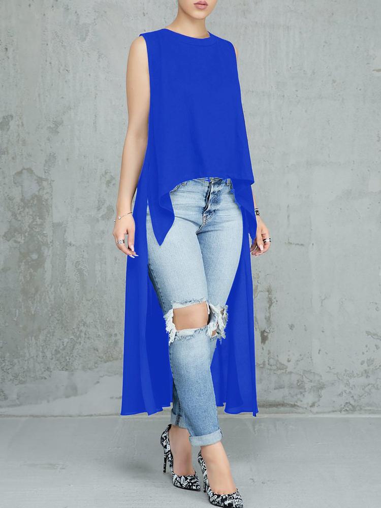 

Solid Swallow-tailed Irregular Top, Blue