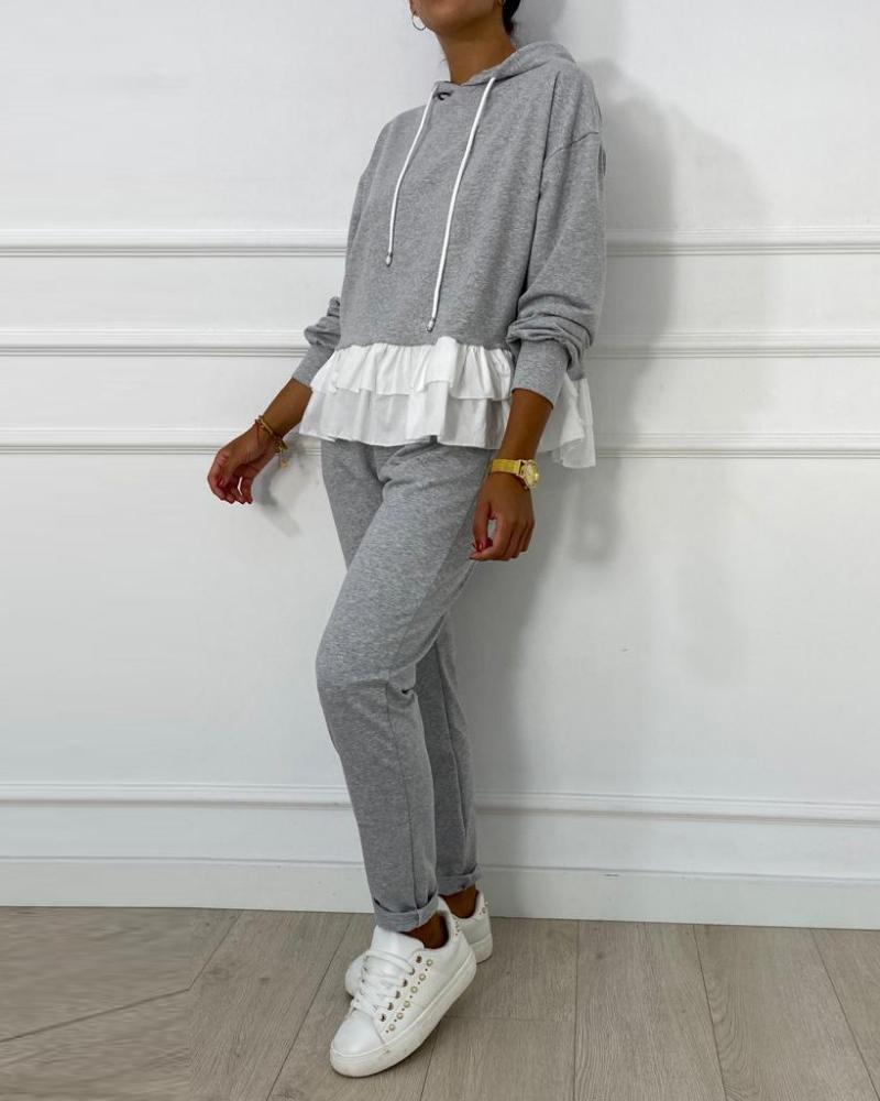 

Ruffles Hem Long Sleeve Hooded Top & Drawstring Pants Set, Gray