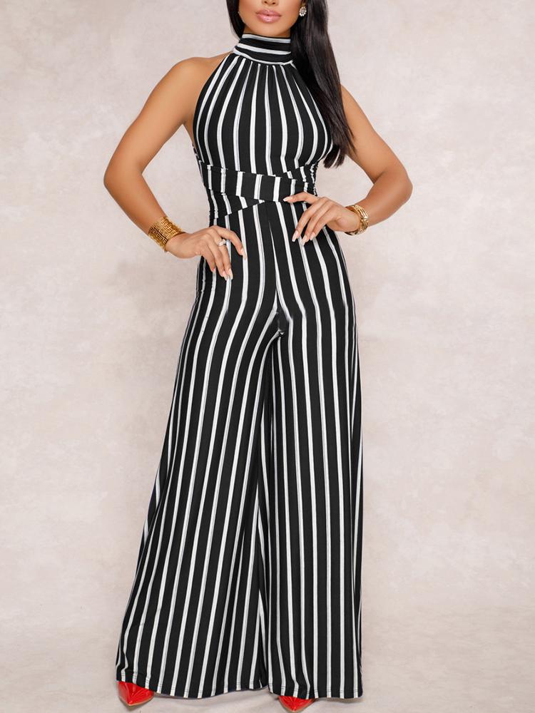 

Stripes Halter Open Back Wide Leg Jumpsuits, Green;black;dark blue