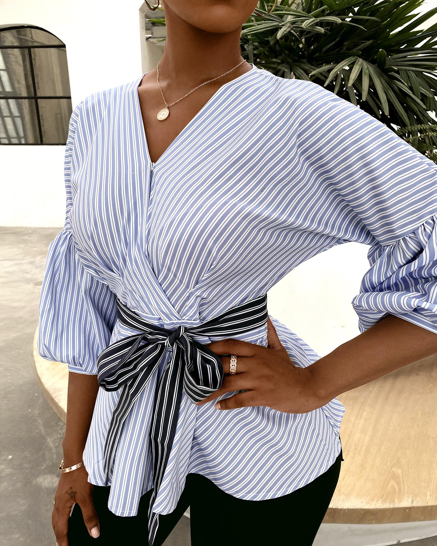 

Striped Lantern Sleeve Ruffles Top, Blue