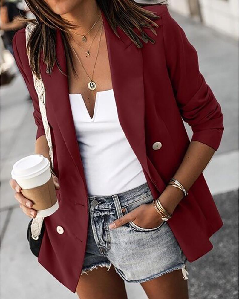 

Solid Notched Collar Double-breasted Blazer, Red