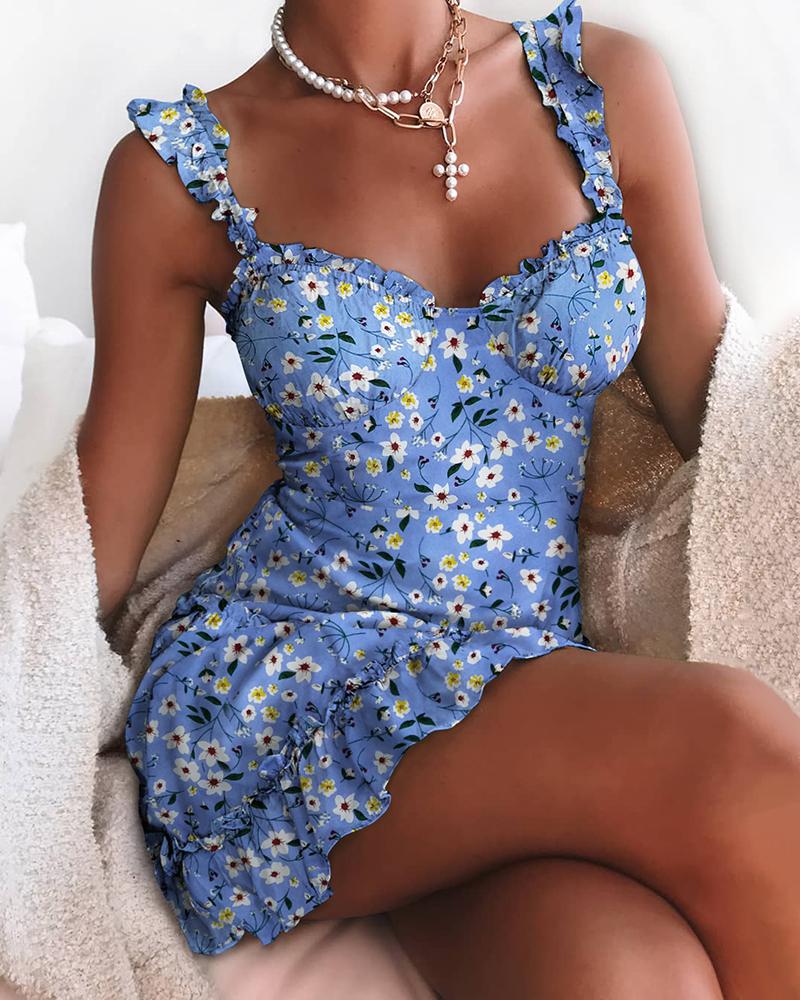 

Ruffles V-neck Floral Print Dress, Blue