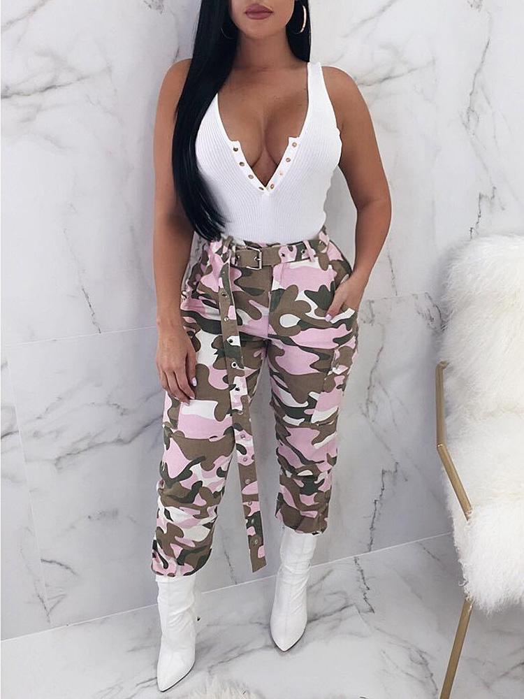 

Fashion Camouflage Belted Pocket Pant, Pink
