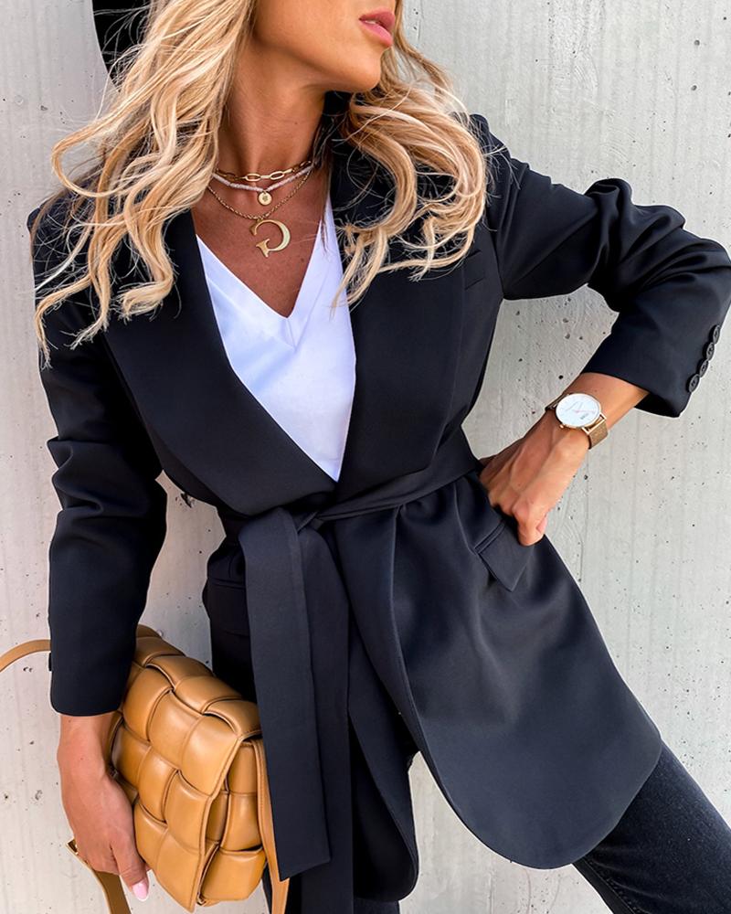 

Plain Duttoned Pocket Design Long Sleeve Blazer Coat, Black