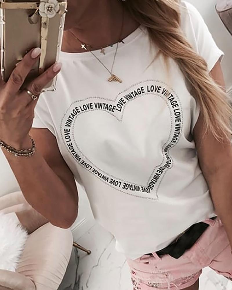 

Letter Print Heart Pattern Casual T-shirt, White