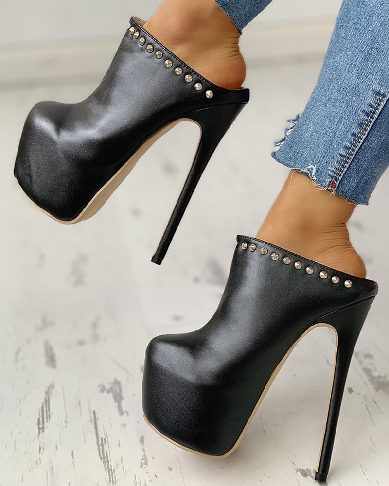 

Rivet Platform Thin Heeled Boots, Black
