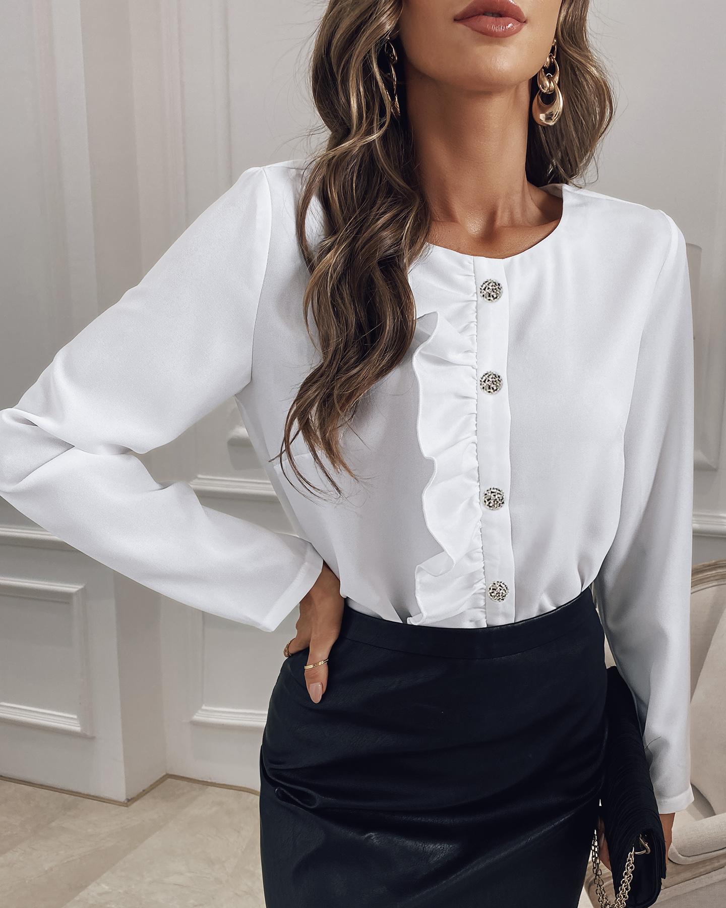 

Solid Ruffles Button-down Blouse, White
