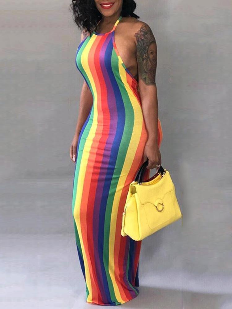 

Rainbow Striped Halter Backless Maxi Dress