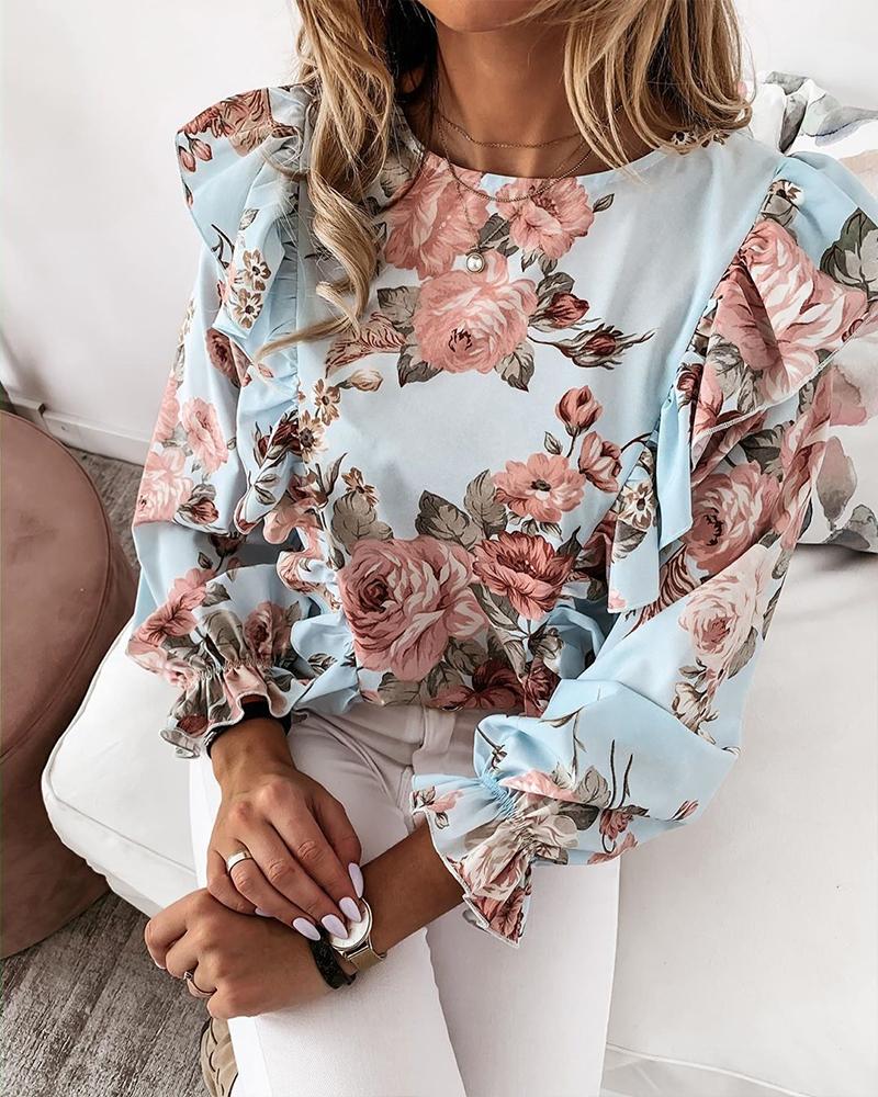 

Floral Print Ruffle Trim Top, Sky blue