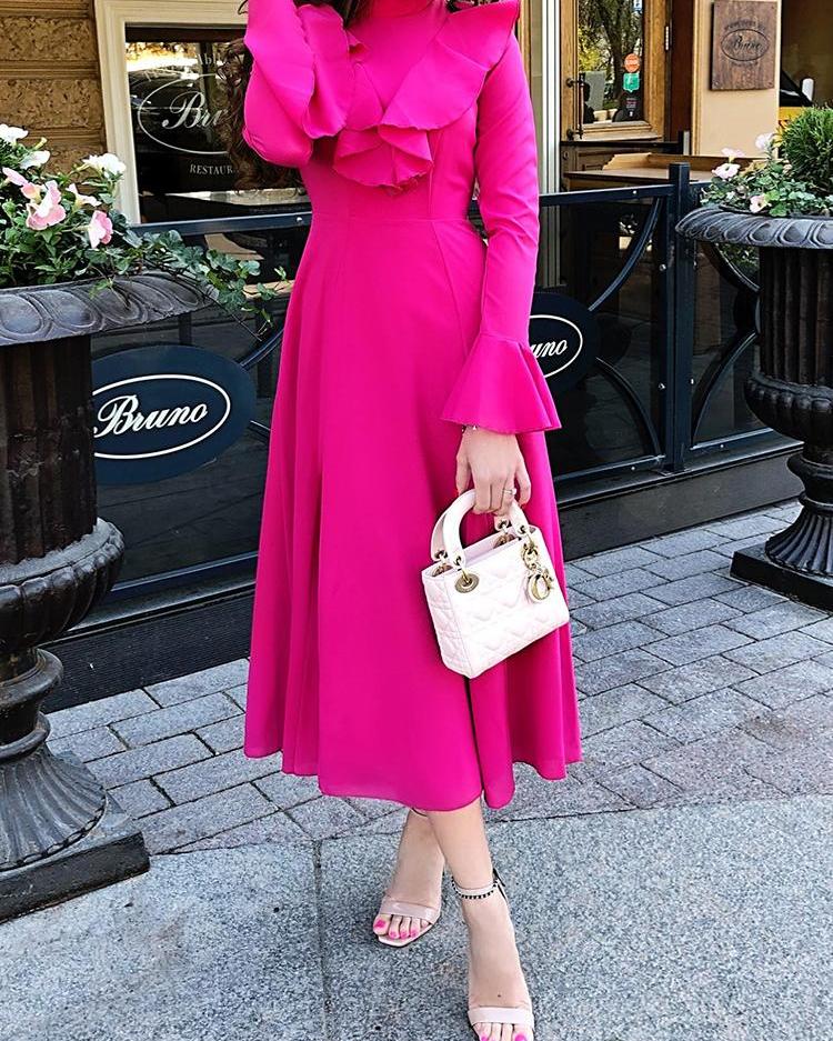 

Solid Ruffles Decorated Bell Sleeve Dress, Rose red