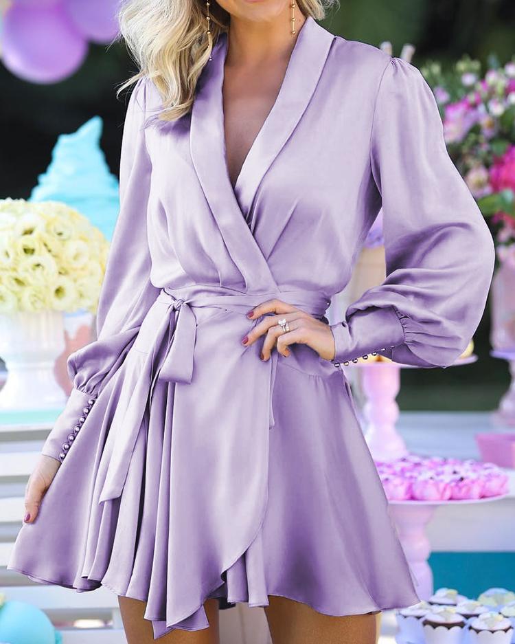 

Buttoned Cuff Belted Wrap Dress, Light purple
