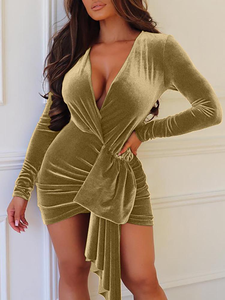 

Velvet Plunge Scrunched Irregular Party Dress, Gold