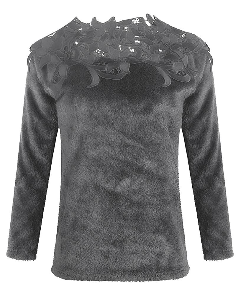 

Solid Lace Insert Long Sleeve Fuzzy Sweater