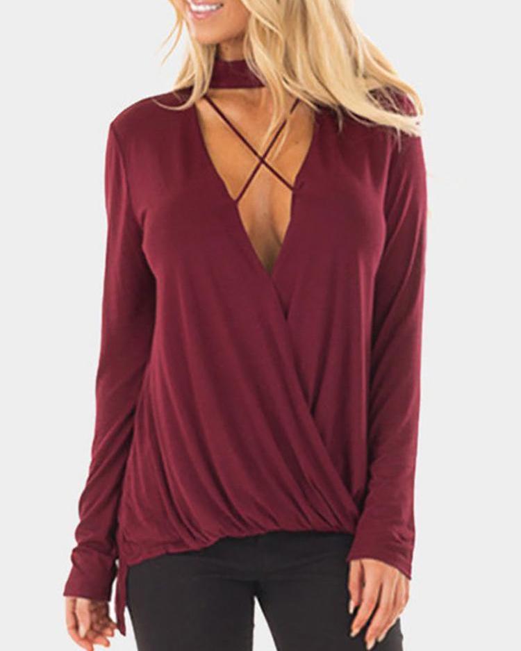 

Solid Choker Crisscross Wrap Blouse, Wine red