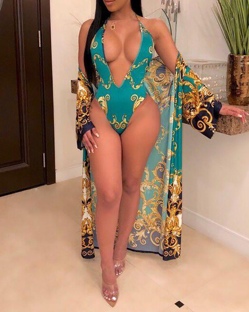 

Vintage Digital Print Monokini & Cover Ups, Blue