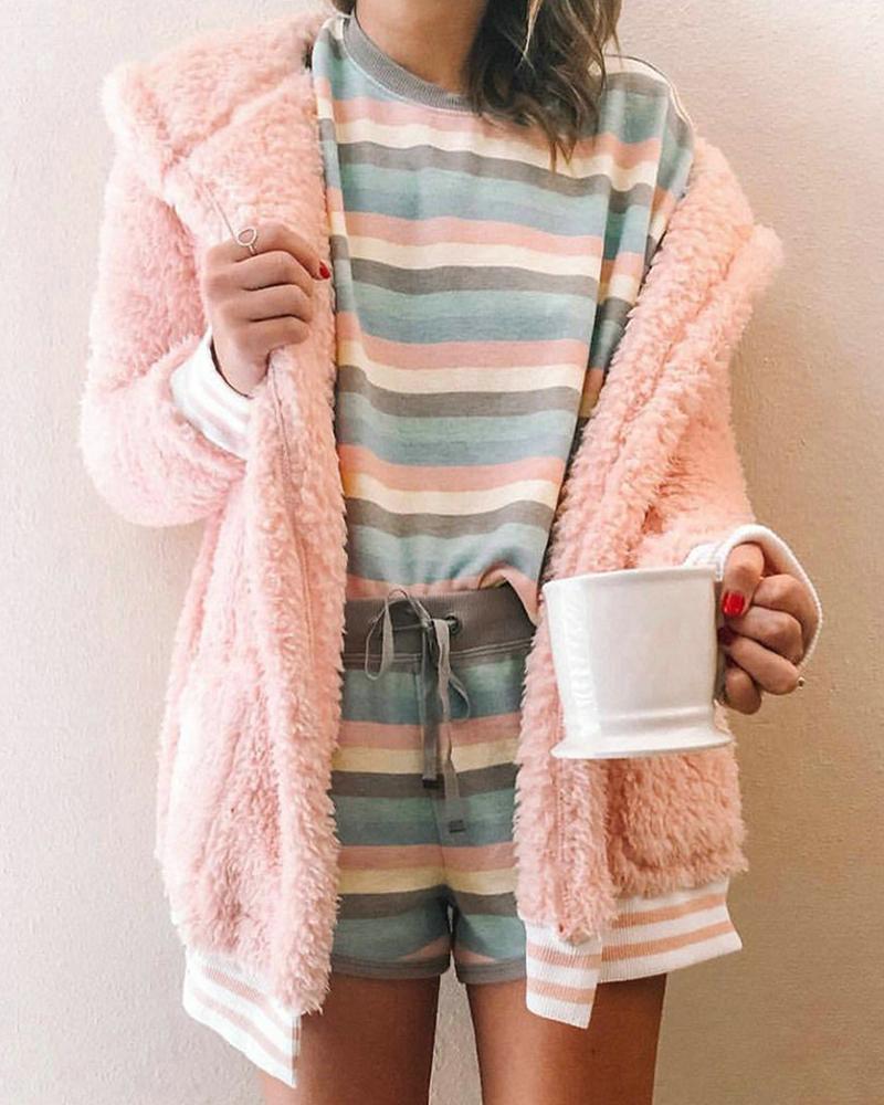 

Striped Pocket Design Teddy Coat, Pink