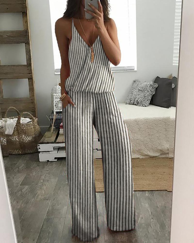 

Striped Spaghetti Strap Pocket Detail Jumpsuit, Gray