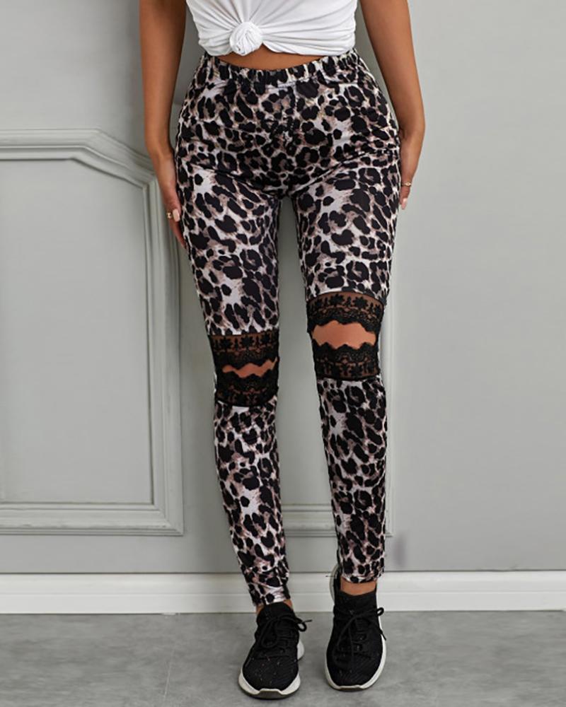 

Mixed Print Cutout Lace Skinny Pants, Style1