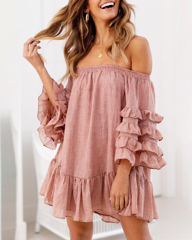 

Off Shoulder Ruffles Half Sleeve Casual Dress, Pink