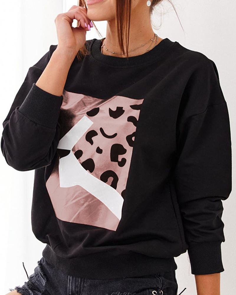 

Graphic Print Long Sleeve Casual Sweatshirt, Black