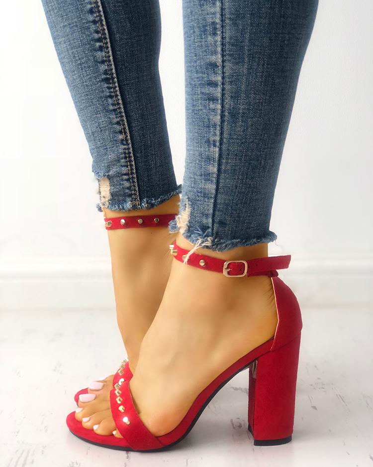 

Rivet Embellished Single Strap Chunky Sandals, Red