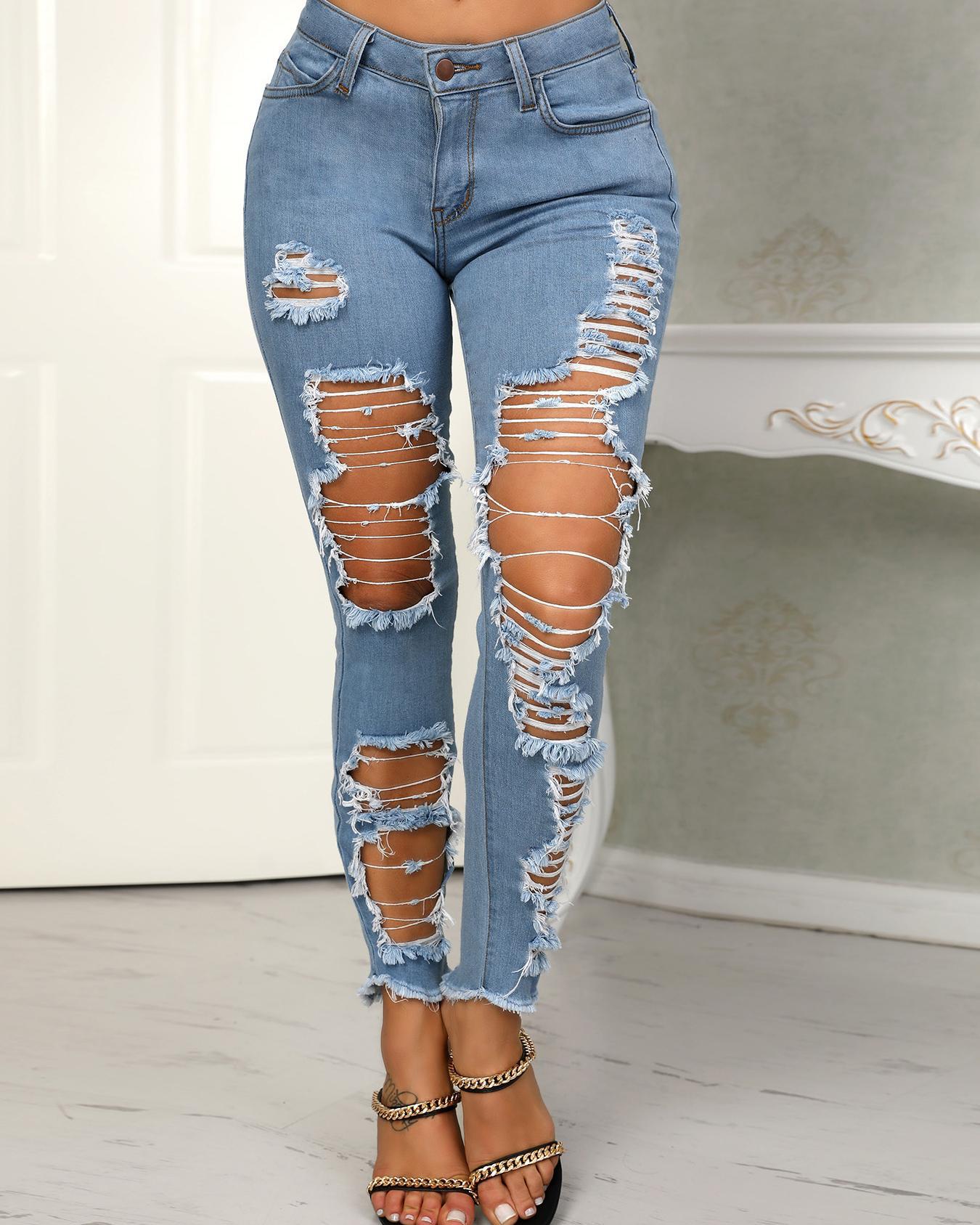 

Holey Frayed Hem Distressed Pencil Jeans
