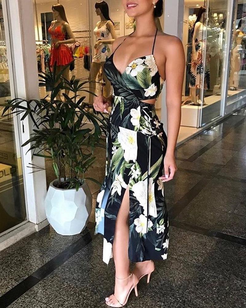 

Floral Print Cut-out Split Dress, Multicolor