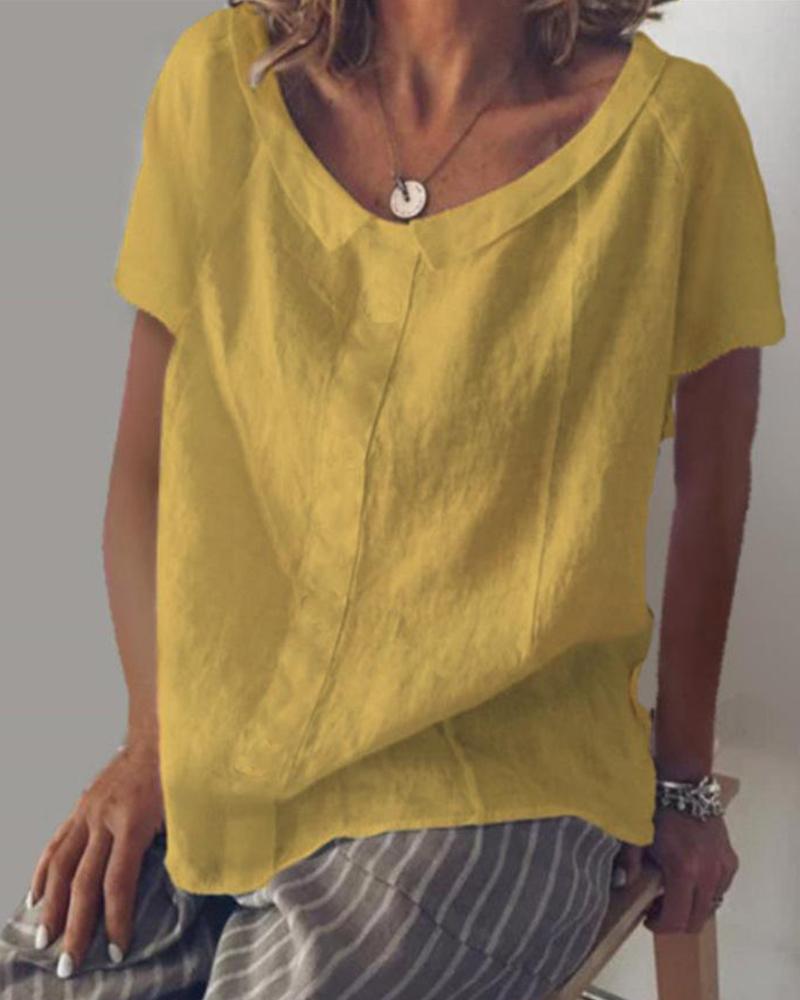 

Linen Blend Short Sleeve Top, Yellow