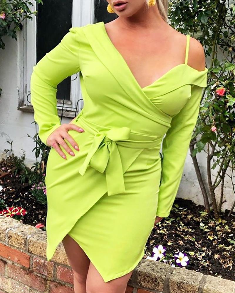 

Solid Surplice Wrap One Shoulder Dress, Green