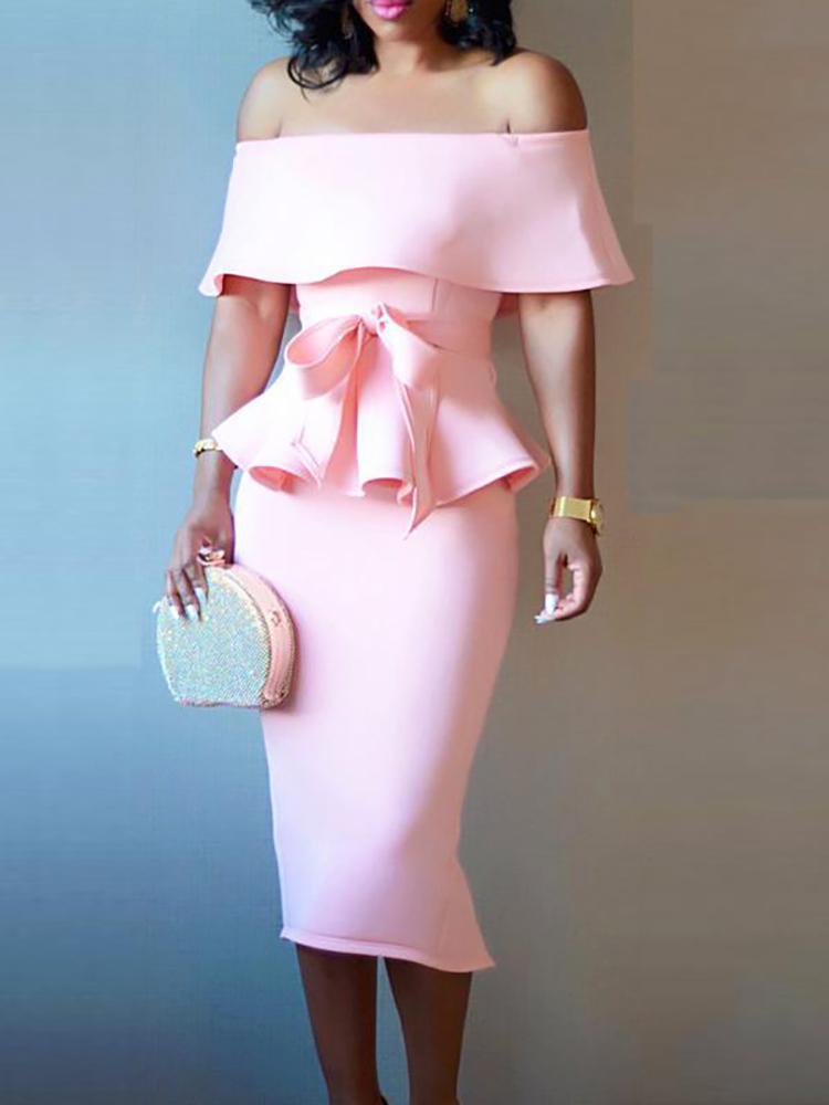 

Off Shoulder Peplum Top & Skirt Set, Pink