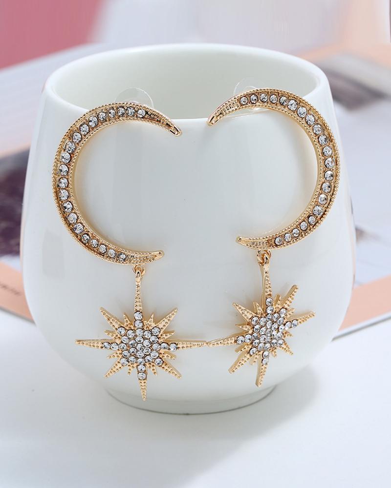 

Moon Star Pattern Studded Drop Earrings, Gold
