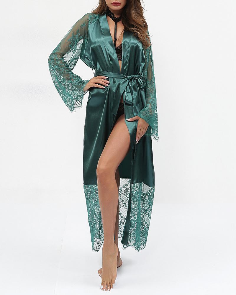 

Sheer Mesh Long Sleeve Lace Longline Robe, Green