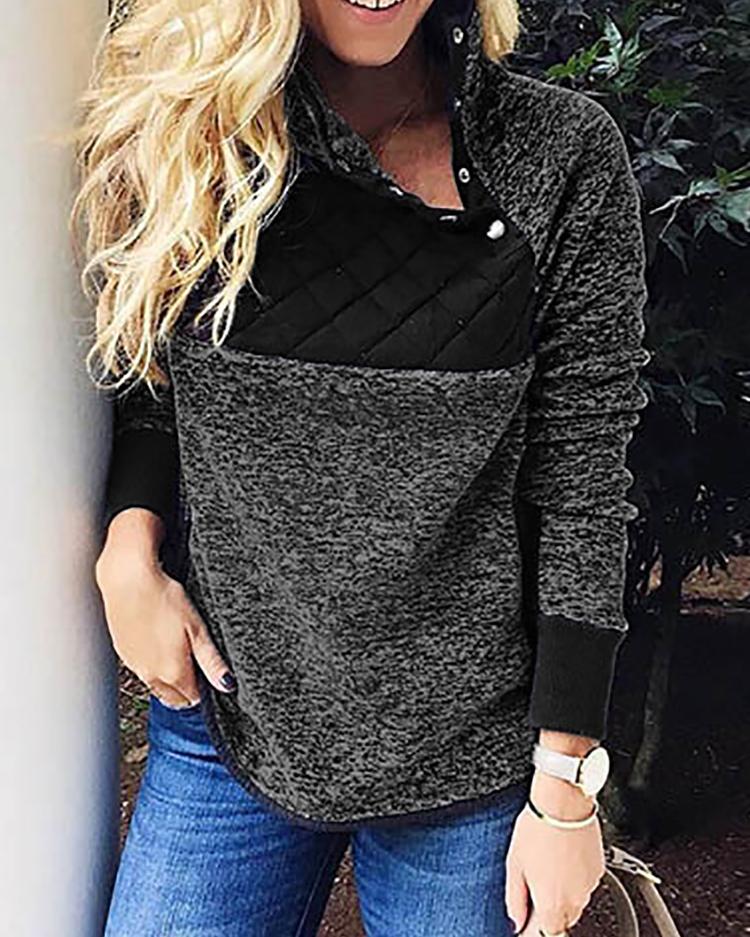 

Contrast Color Fluffy Snap-Button Skew Neck Sweatshirt, Black