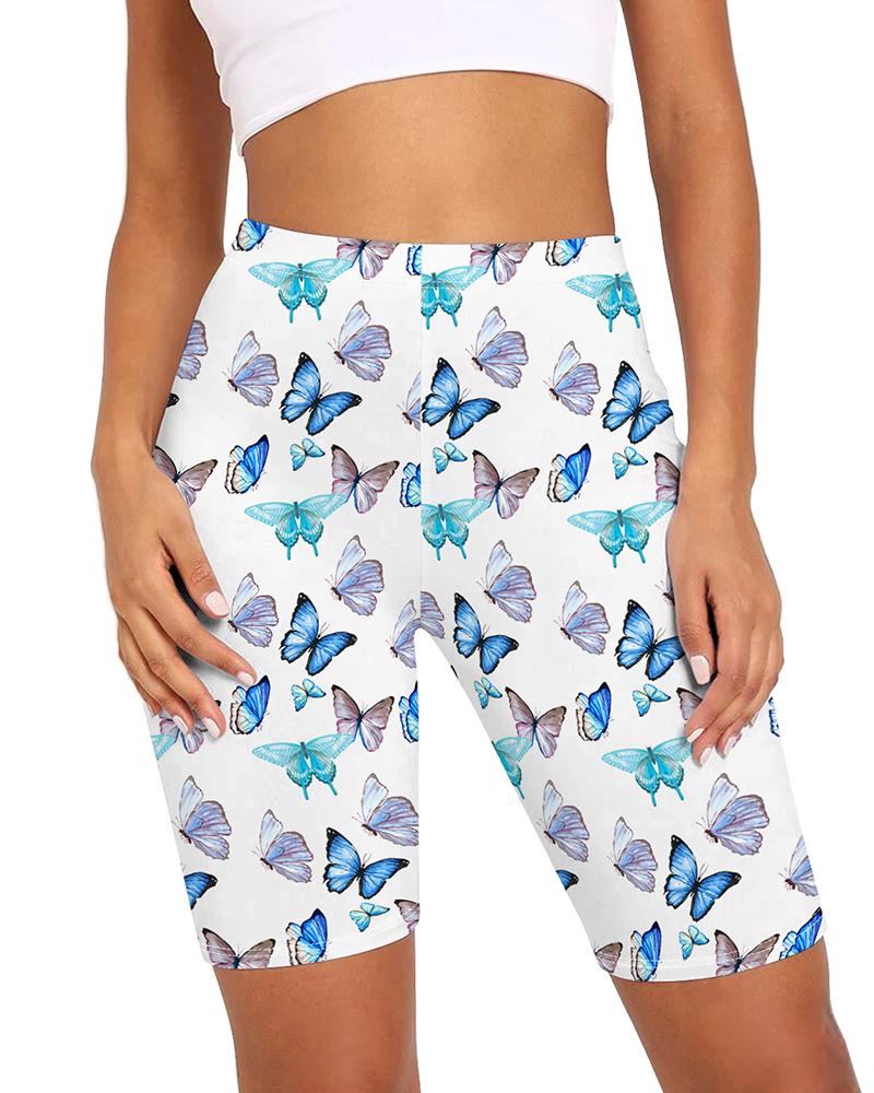 

Butterfly Print High-Rise Biker Shorts, Blue