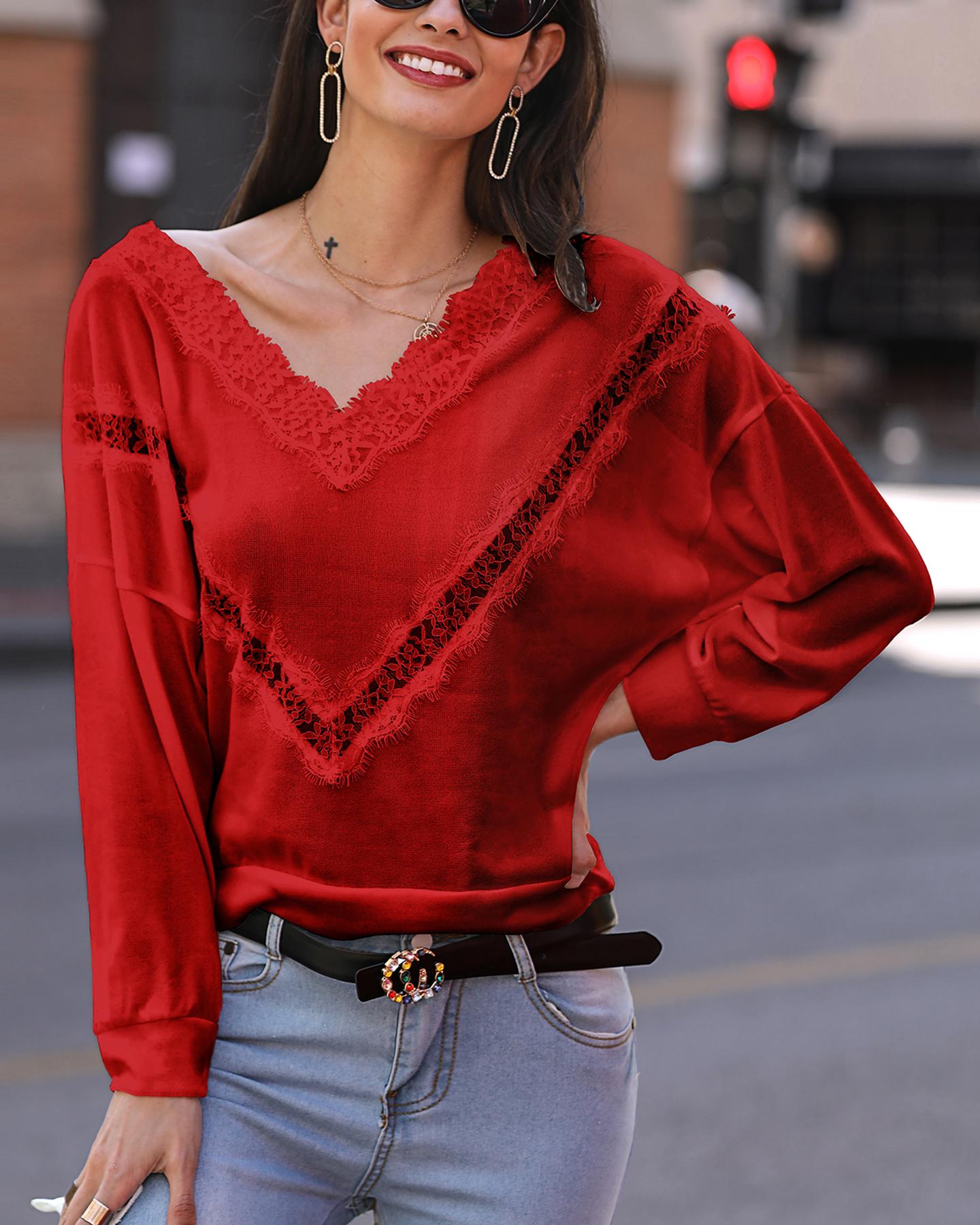 

Solid Lace Hollow Out Detail Sweater, Red