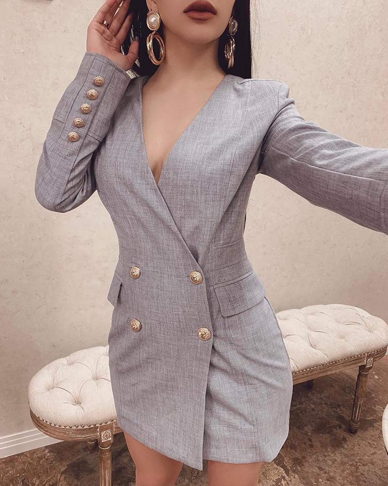 

V-Neck Wrap Double Breasted Blazer Dress, Gray