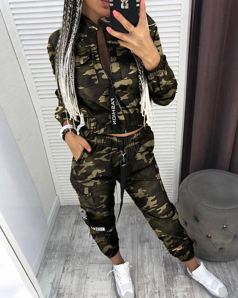 

Zipper Design Camouflage Print Coat & Cargo Pants Sets, Camoflage