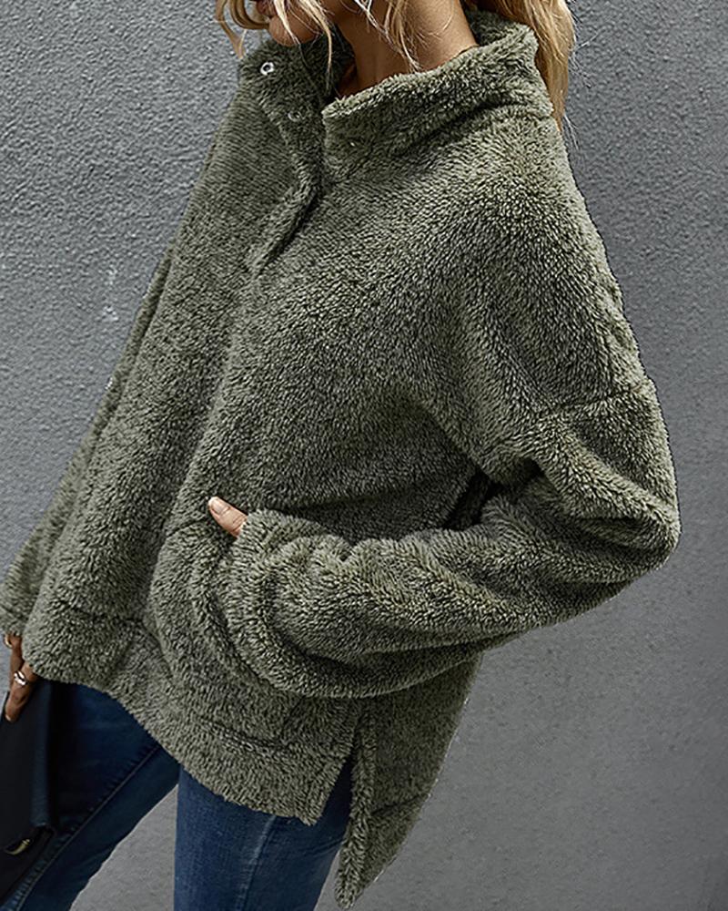 

Pocket Design Fluffy Long Sleeve Coat, Green