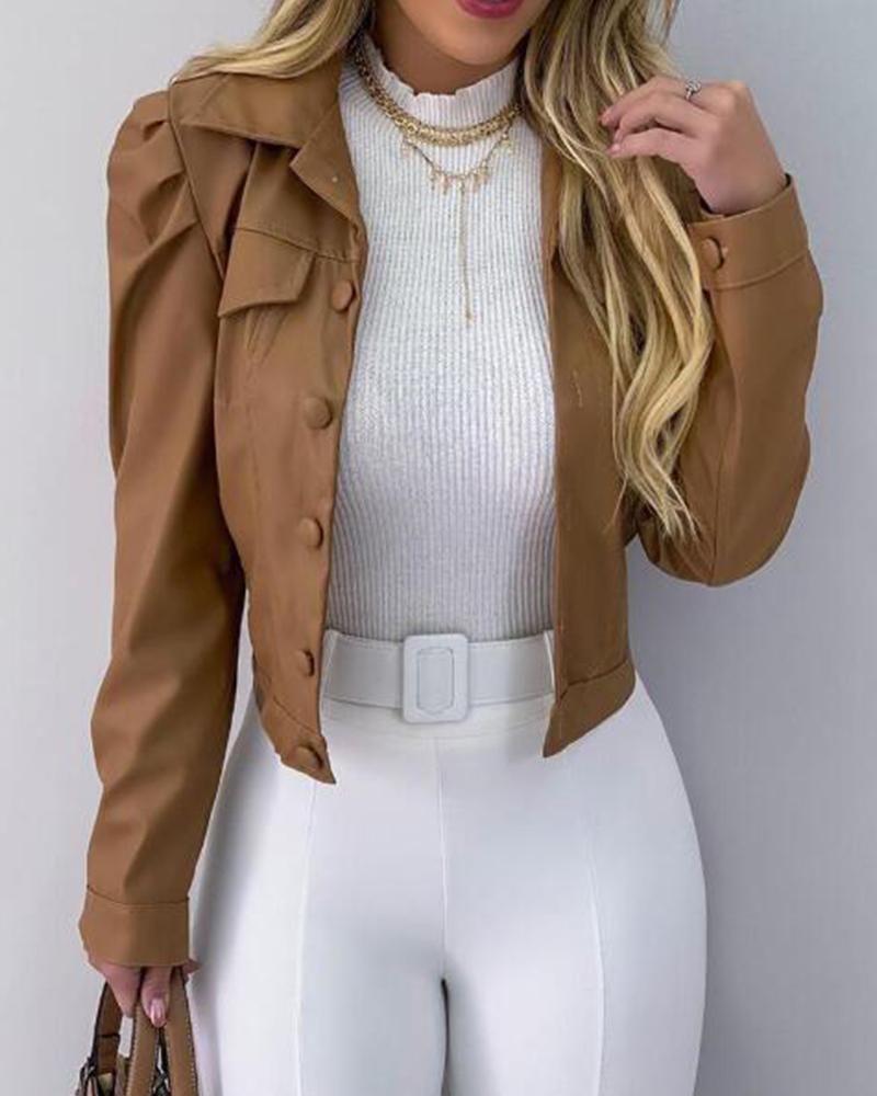 

PU Leather Buttoned Flap Detail Jacket, Khaki