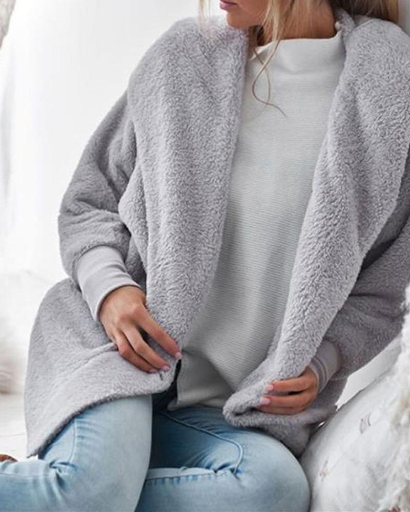 

Faux Sherpa Long Sleeve Cardigan, Gray