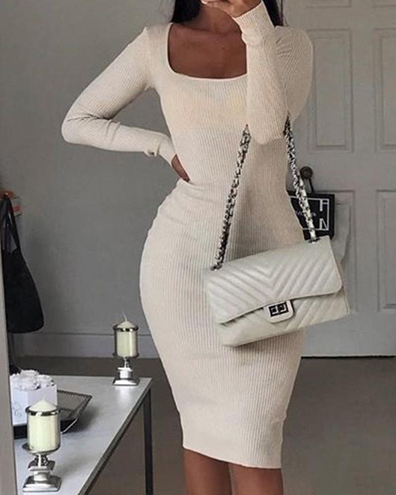 

Square Neck Ribbed Mini Dress, Beige