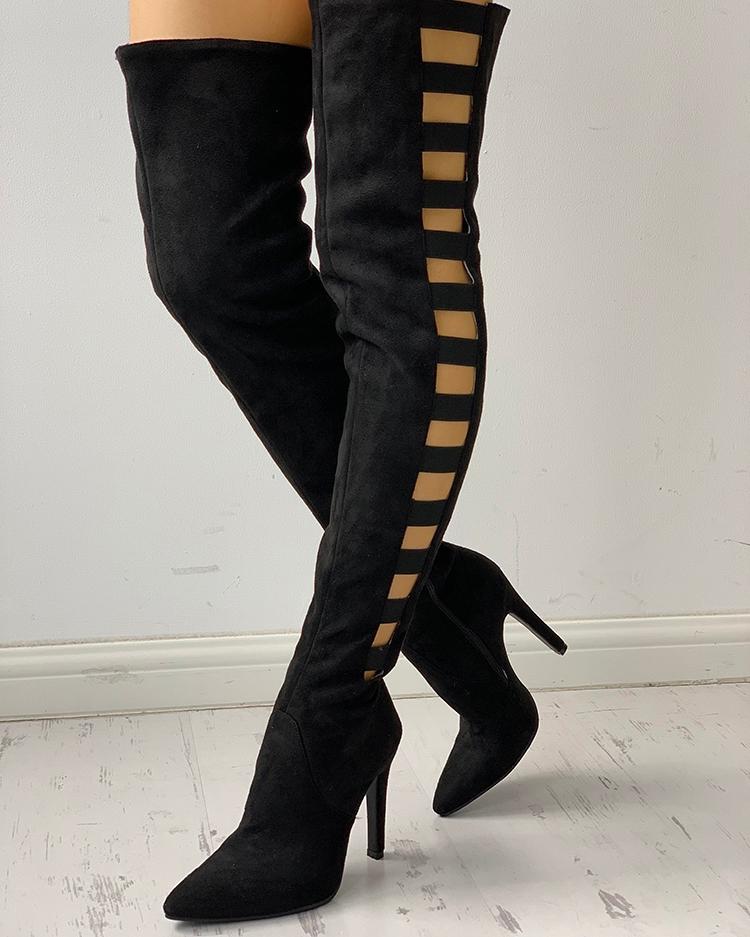 

Suede Ladder Cut Out Side Over The Knee Boots, Black