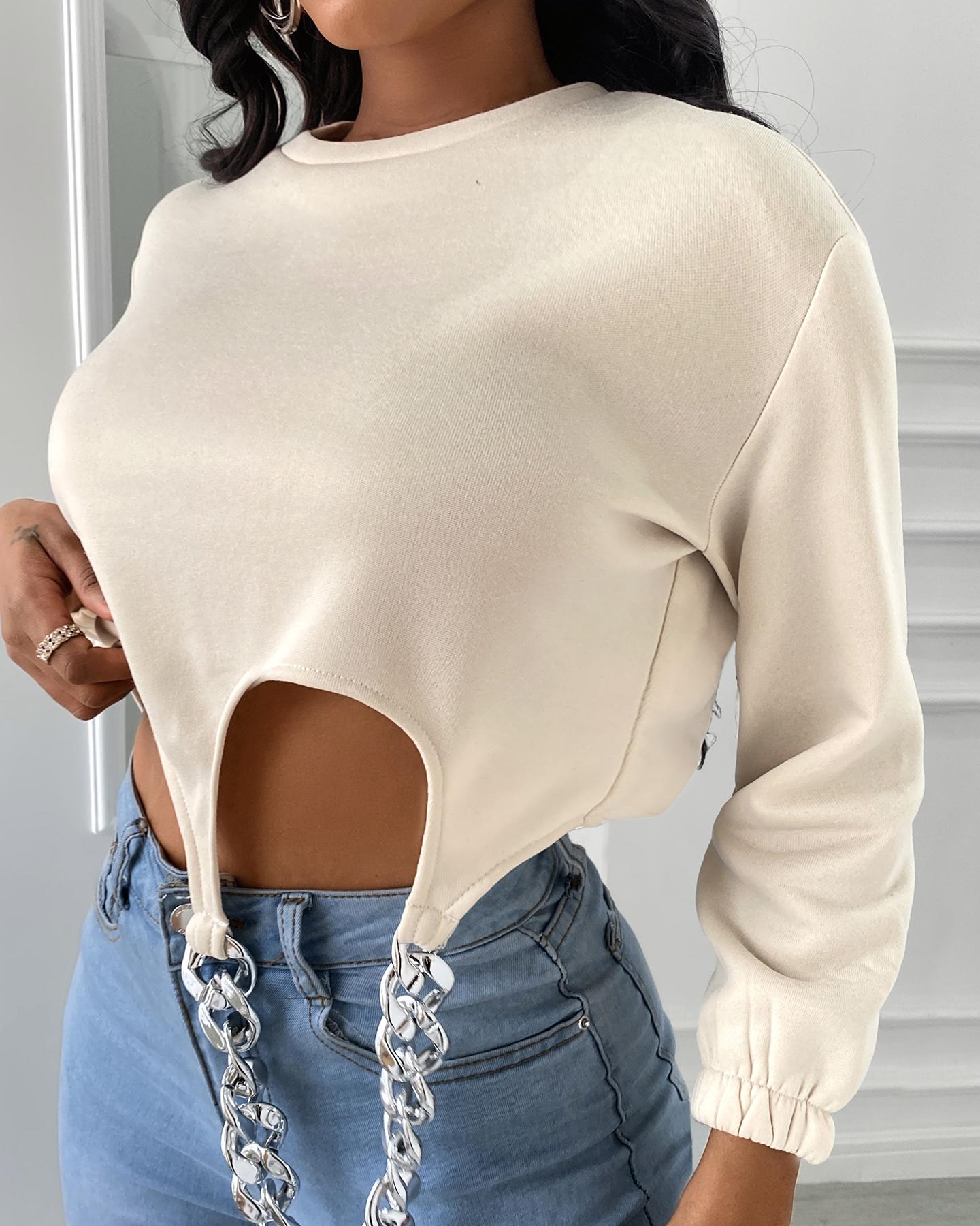 

Chain Decor Long Sleeve Sweatshirt, Apricot