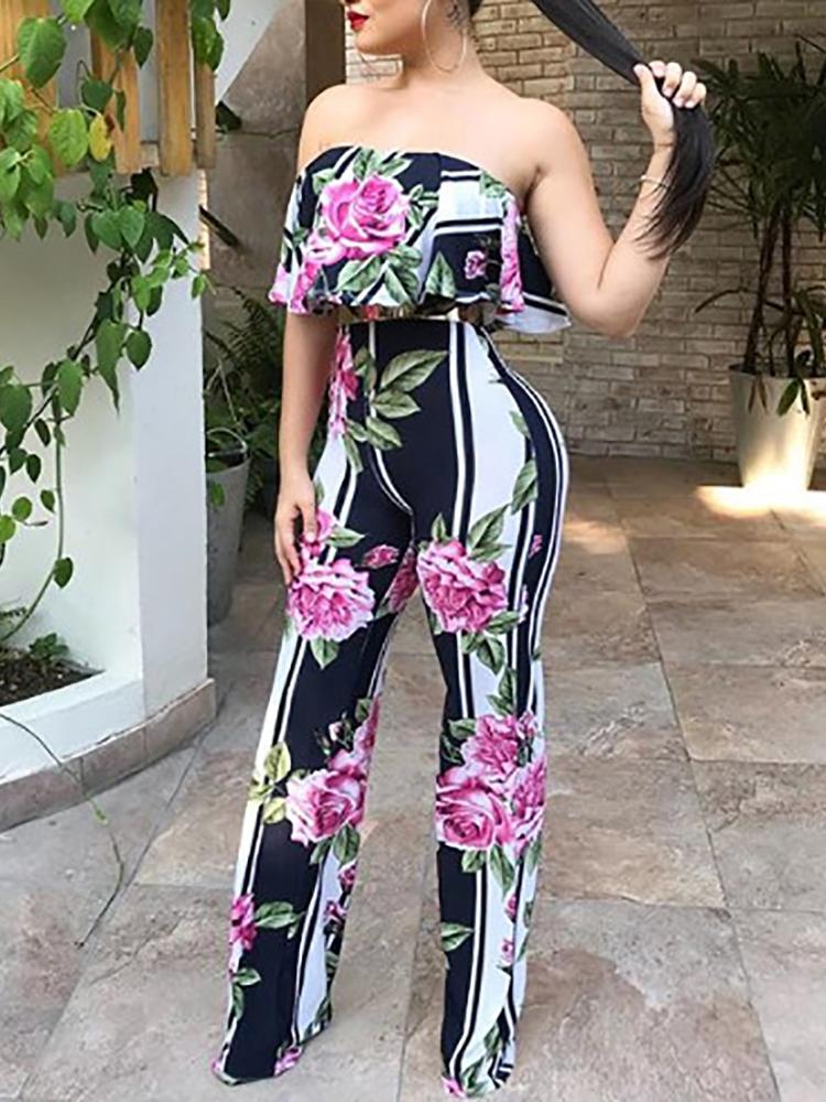 

Floral Print Flounce Strapless Top & Pants Set, Multicolor