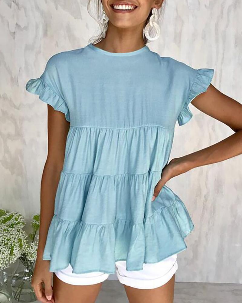 

Round Neck Ruffles Short Sleeve Blouse, Light blue