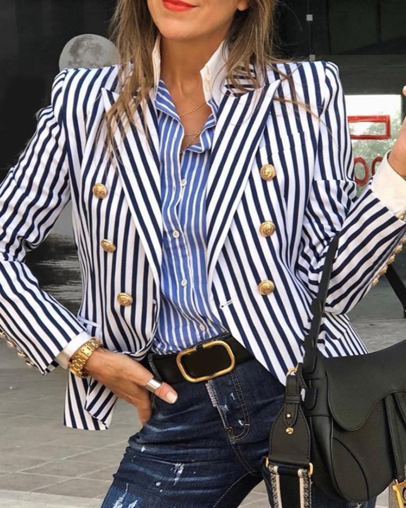 

Striped Colorblock Double Breasted Blazer Coat, Blue