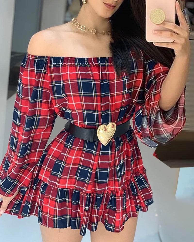 

Grid Off Shoulder Ruffle Trim Casual Dress, Red