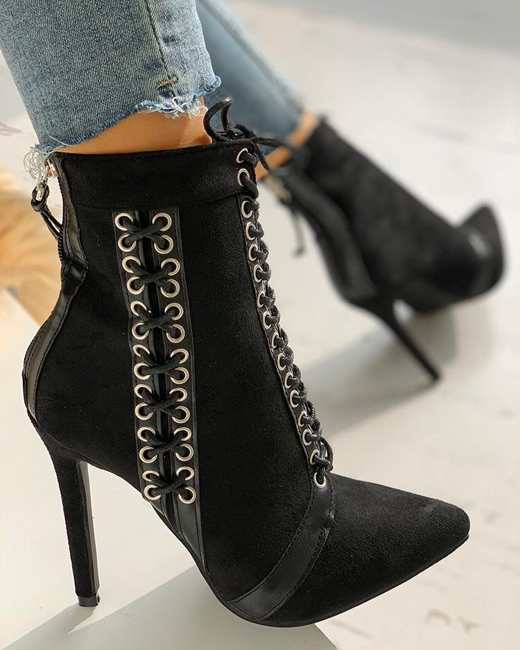 

Lace-Up Eyelet Thin Heeled Boots, Black